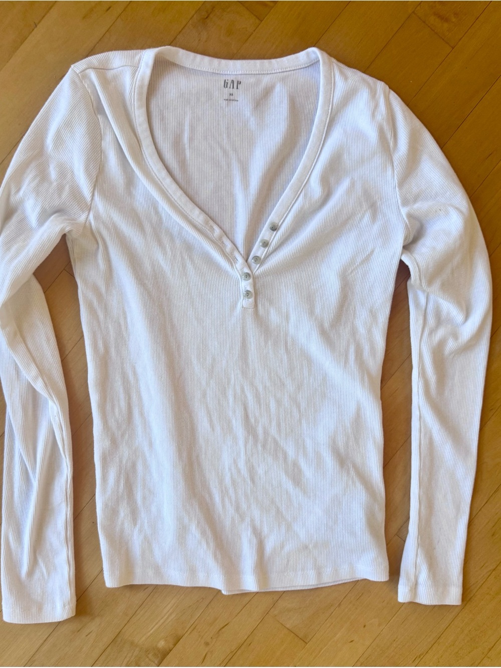 GAP White Ribbed V-Neck Henley Long Sleeve Top